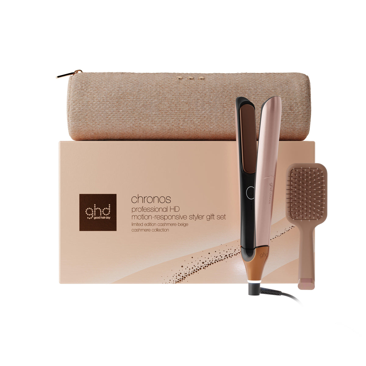 NEW GHD CHRONOS HAIR STRAIGHTENER FESTIVE GIFT SET IN CASHMERE BEIGE (TOTAL VALUE £361)
